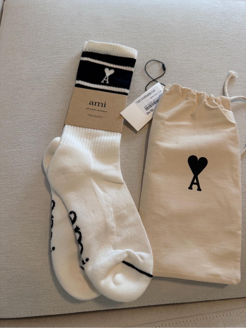 Ami White Crew Socks with Black Logo Stripes